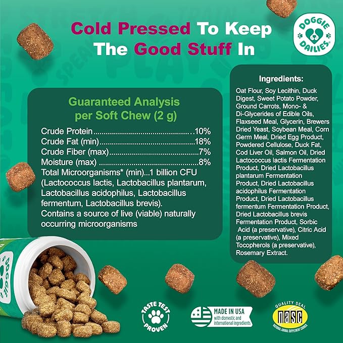 Doggie Dailies Probiotics for Dogs, Advanced Probiotics with Prebiotics, Promotes Digestive Health, Supports Immune System & Overall Health, Duck Flavor, 225 Chews