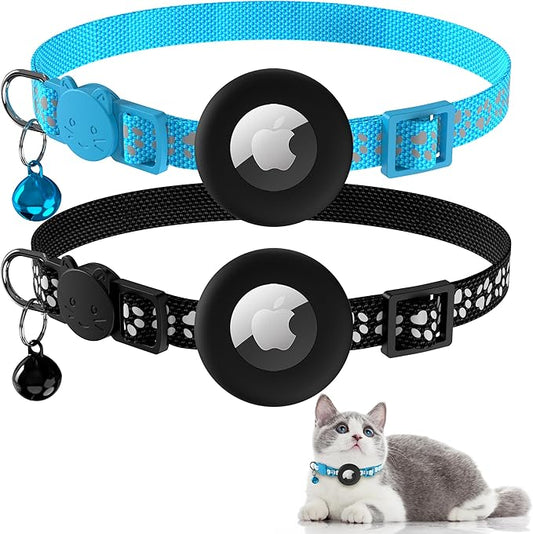 Vanjua 2 Pack Airtag Cat Collar Breakaway with Bell, Reflective Kitten Collar with Air Tag Cat Collar Holder Case for Girl Boy Cats, Pet Supplies Accessories (Black B+Blue B)