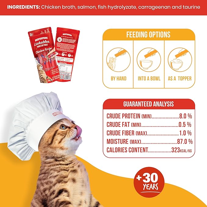 Beefeaters Cat Treats Lickable Puree 1.59oz (12-Pack) – Chicken, Grain-Free, Taurine-Enriched, Ideal for Training & Interactive Feeding