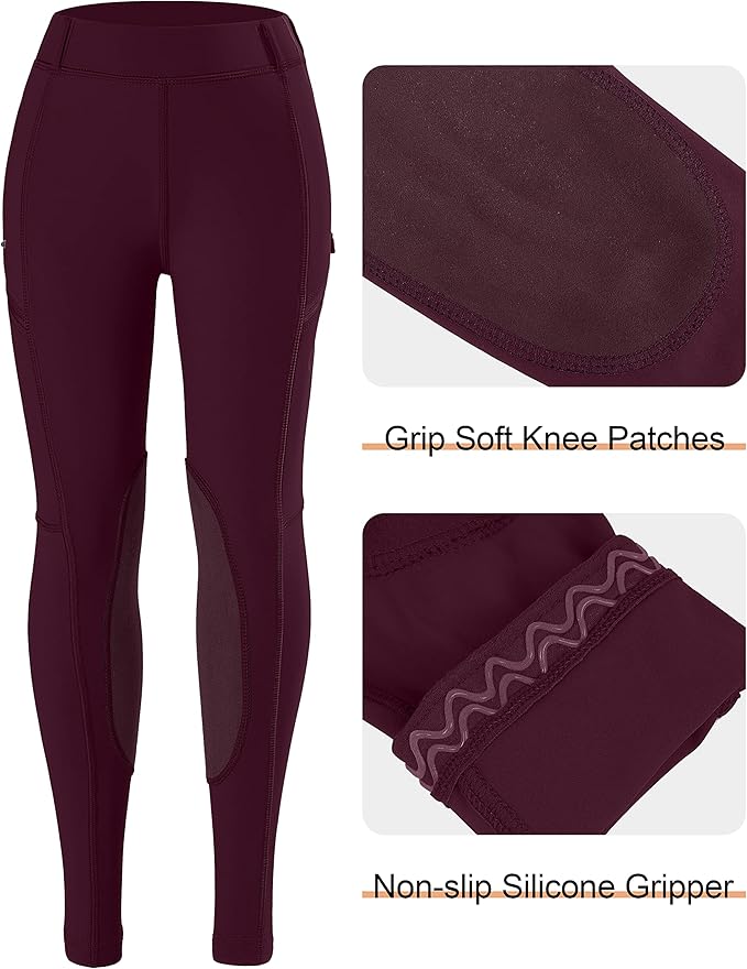 SANTINY Girls Horse Riding Pants with Zipper Pockets Kids Stretchy Equestrian Breeches Knee-Patch Youth Schooling Tights
