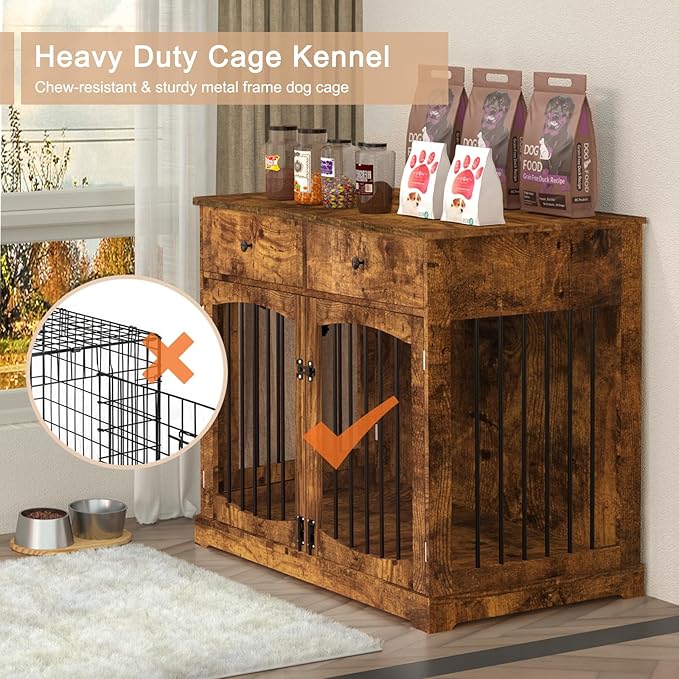 BREEZEHEAT 40 inch Dog Crate Furniture-Farmhouse Dog Kennel with Drawers-End Table Wooden Pet Crate, Double Door Design, Decorative Dog House Indoor for Small Medium Large Dog,Brwon