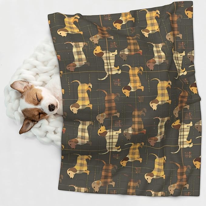 Waterproof Dog Blanket Soft Pet Blanket for Puppy Cat, Fleece Cat Throw Blankets for Furniture Bed Couch Sofa Reversible - Plaid Dachshund 3