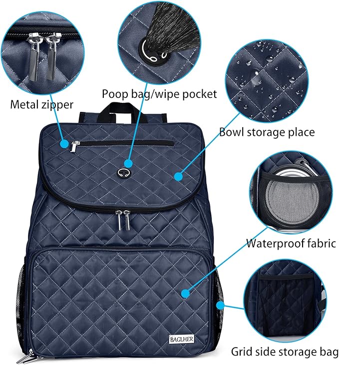 BAGLHER Dog Travel Bag,Airline Approved Pet Supplies Backpack, Dog Travel Backpack with 2 Silicone Collapsible Bowls and 2 Food Baskets.