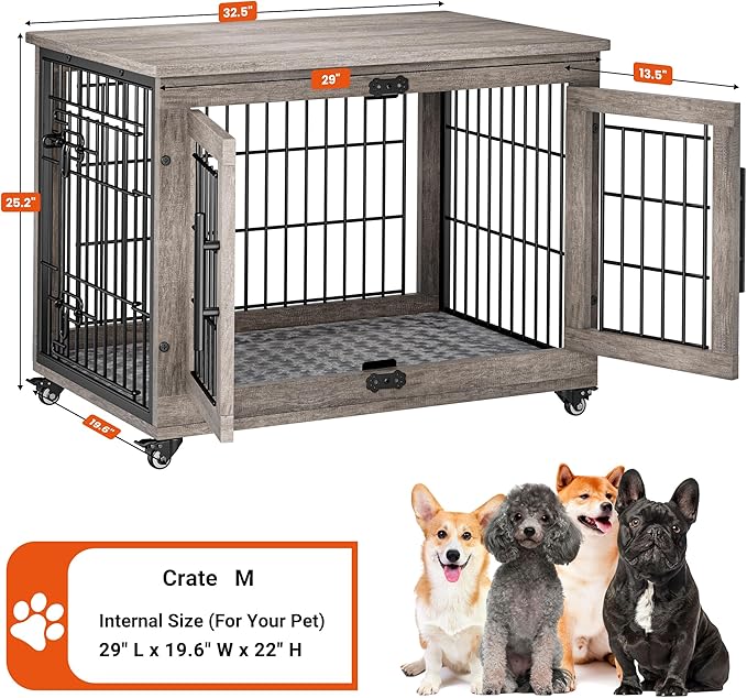 Lulive Dog Crate Furniture for Medium Dogs, 32'' Dog Kennel Indoor with Cushion & Wheels Wooden Dog Cage Double Doors Dog Crate End Table, Grey