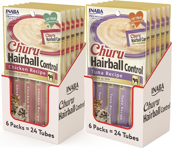 INABA Churu for Cats, Functional, Creamy Lickable Purée Cat Treat for Hairball Control, 0.5 Ounces Each, 48 Tubes (4 per Pack), 2 Flavor Tuna and Chicken Variety Pack