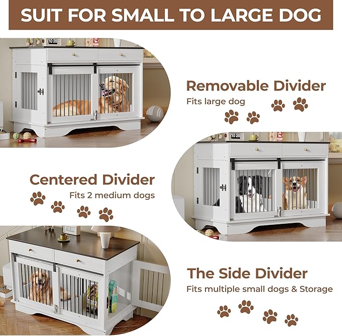 Dog Furniture Crate, 47" Large Dog Crate Furniture w/ 2 Storage Draws & Removable Divider for Large/Medium/Small Dogs (White, One Cage)