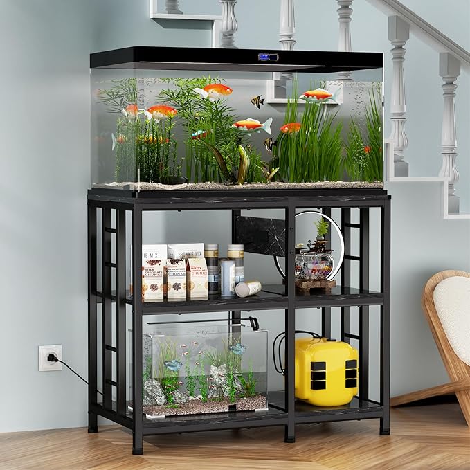 Reinforced 40-50 Gallon Aquarium Stand with Power Outlet | Ultra-Stable 750LBS Capacity Metal Fish Tank Stand for Reptile/Aquatic Setups, 5-Tier Adjustable 37"x19" Steel Shelving System