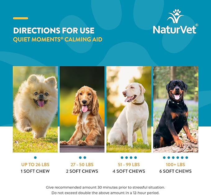 NaturVet Quiet Moments Calming Dog Supplement, Dog Soft Chews with Melatonin to Help Reduce Stress from Storms, The Vet, Fireworks, and Travel, Bacon and Chicken Flavored Pet Supplement, 65 Count