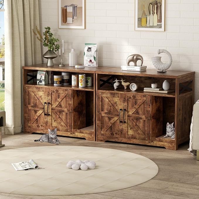 Cat Litter Box Enclosure, Hidden Litter Box Furniture with Scratch Pad, Farmhouse Indoor Cat House Washroom End Table, Rustic Brown