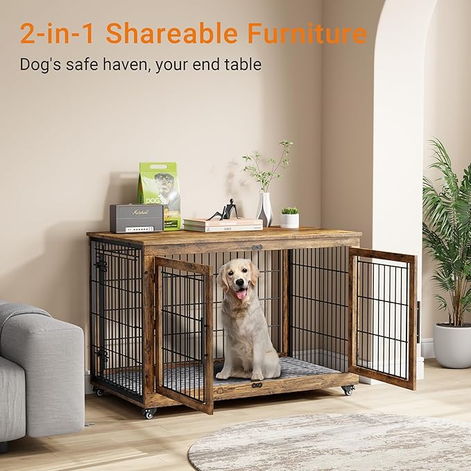 Lulive Dog Crate Furniture, XL Wooden Dog Kennel Indoor Double Doors Dog Cage, 44'' Heavy Duty Dog Crate with Cushion & Wheels, Decorative End Table Pet House Chew-Resistant for Large Dogs, Brown