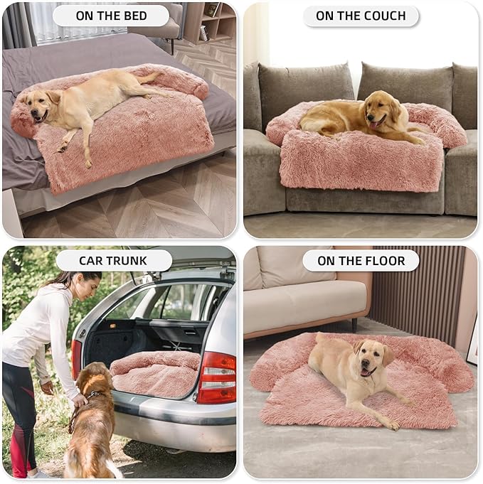 GGIB Calming Dog Bed Fluffy Plush Dog Mat for Furniture Protector with Removable Washable Cover for Large Medium Small Dogs and Cats (Extra Large (53x39.3x6), Pink)