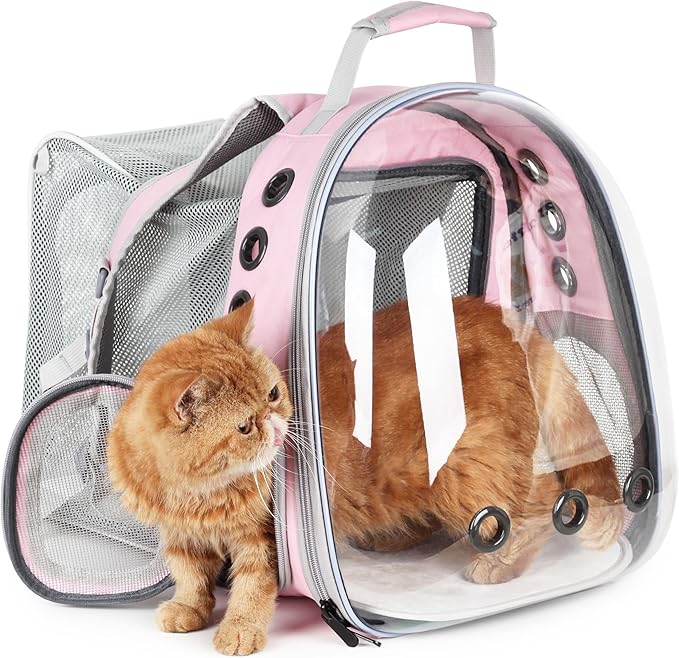 Lollimeow Cat Carrier Backpack, Bubble Expandable Backpack Carrier, Pets and Small Dogs,Airline-Approved, Designed for Travel, Hiking, Walking & Outdoor Use (Square Back Expandable-Pink)