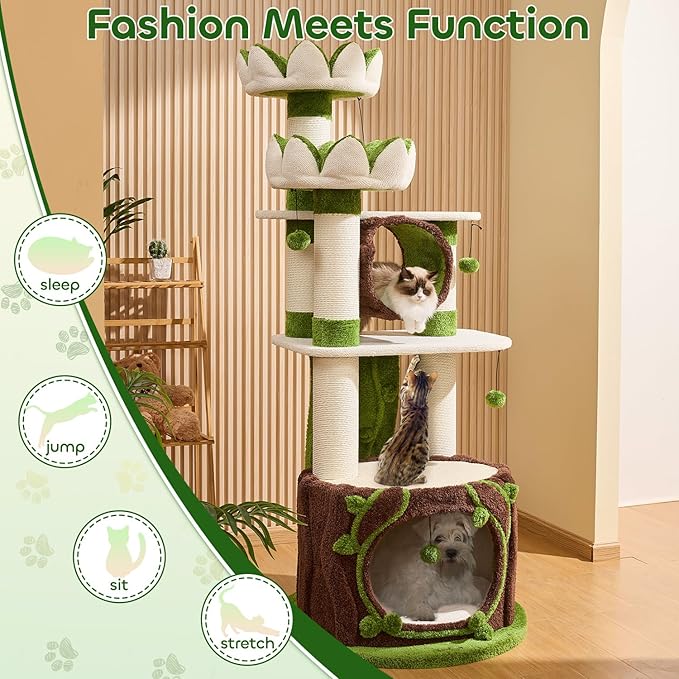 73‘’ Tall Flower Cat Tree for Indoor Cats Large Adult, Luxury Cat Tower with Scratching Post, Heavy Duty Modern Cat Furniture for Large Cats, Removable Mats, Multi-Level Cat House with Toy Ball
