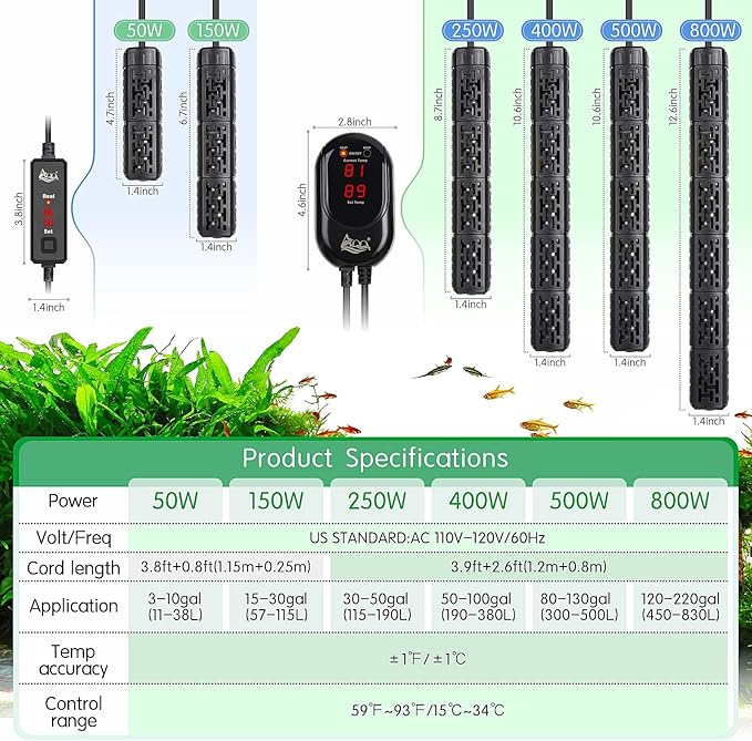 AQQA Fish Tank Heater,Aquarium Heater 50W 150W 250W 400W 500W 800W for 3-220 Gal,Set Temperature 59℉-93℉ Temperature Accuracy,Out of Water or High Temperature Automatic Power Off (250W to 30-50 gal)