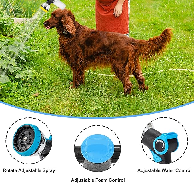 Dog Washing Hose Attachment, 10-in-1 Soap Sprayer Moden Garden Hose Nozzle with 100cc Soap Dispenser, Dog Wash Supplies with Dog Bath Brush & Pet Comb, Foam Gun Car Wash Sprayer (Blue)