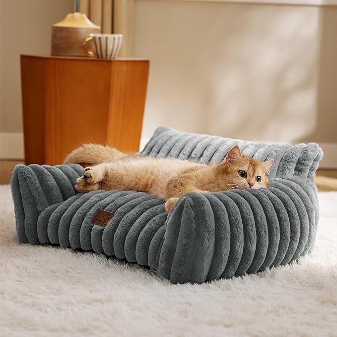 Bedsure Cute Cat Couch for Pets - Fluffy Cat Sofa with Premium Soft Corduroy Fleece, Fuzzy Pet Couch Bed with Removable Washable Cover, Supportive Pet Chair for Indoor Cats, 24inch, Warm Grey