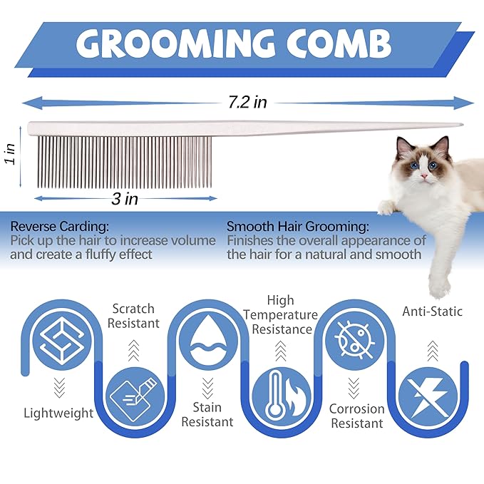 Grooming Pet Comb Rat Tail Dematting Cat and Dog Comb，Rounded Ends Design for Safe Tangle Removal, Hairstyling, Massage，Loose Hair Removal，Prevent Irritation，Fluffing Paws,Face,Tail,Remove Tear Stain