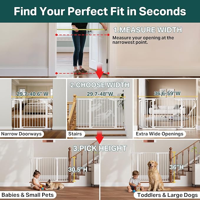 Cumbor 29.7-40.6" Baby Gate for Stairs, Mom's Choice Awards Winner-Dog Gate for Doorways, Pressure Mounted Auto-Close Pet Gates for Dogs Indoor, Safety Child Gate with Easy Walk Thru Door, White