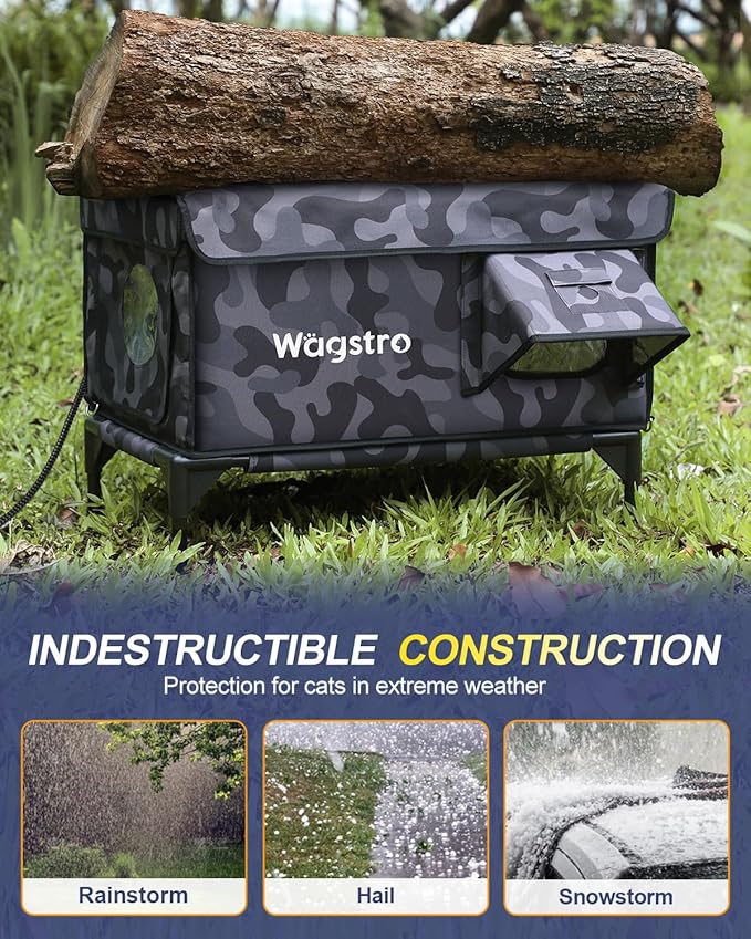 Heated Cat House for Outside, Insulated Weatherproof Heated Outdoor Cat House with Waterproof Eaves & Escape Door, Elevated Outdoor Cat Shelter for Feral Stray Cat (Black Camo, 25.6"x17"x18")