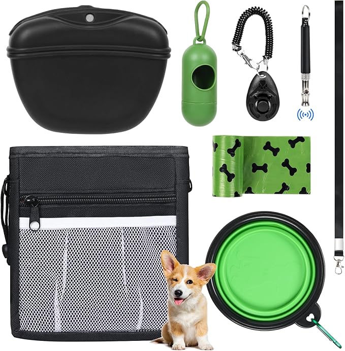 Dog Treat Pouch Pet Training Kit - Silicone Treat Bag Magnetic Closure, Puppy Training Clicker, Dog Whistle, Collapsible Dog Bowls, Poop Bags & Holder, 4 Ways to Wear Walking Fanny Pack-Black