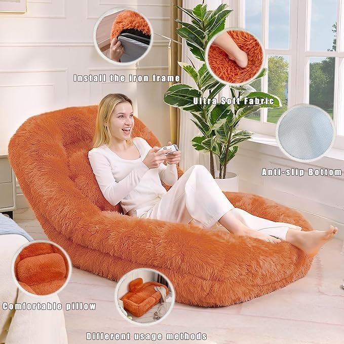 Orange Foldable Human Dog Bed - 69"x35"x12" Fits You & Pets with Comfy Pillow, Washable Faux Fur, Oversized Lounger Lazy Sofa Beds with 5 Adjustable Position