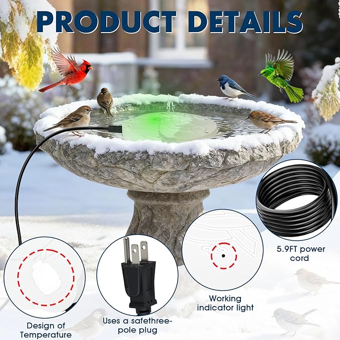 2 Pack Outdoors 100W Bird Bath Heater for Winter,Birdbath Deicer Pond De-icer Thermostatically Controlled Birdbaths Water Heater with 5.9 Ft Power Cord and Working Indicator Light
