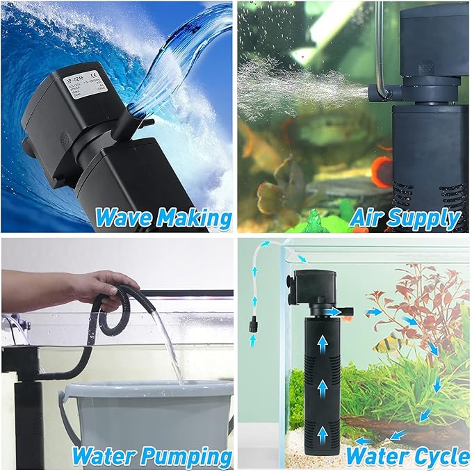 Aquarium Filter for 40-150 Gal. Tank Crystal 300GPH Biochemical Filtration Powerful Pump Submersible Internal Fish Tank Filters Large Tank Pond Clear Wavemaker Air Supply 4 in 1