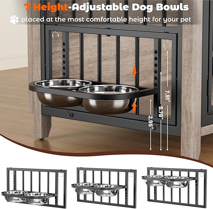 Lulive Large Dog Kennel Indoor with 360°& Adjustable Raised Dog Bowls, Wooden Dog Crate Furniture Double Doors Furniture Dog Crates End Table for Large/Medium Dogs 37.8" L*23.6" W*27" H, Grey