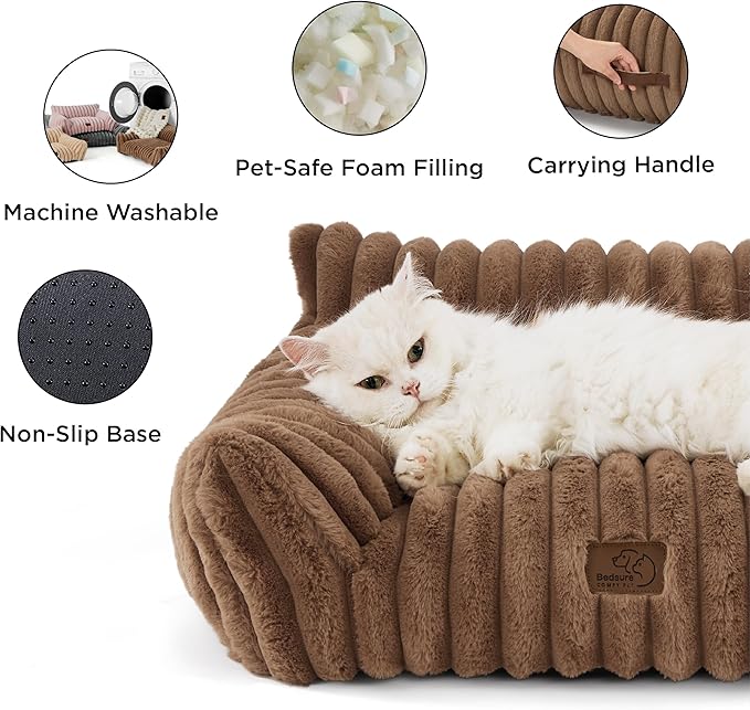 Bedsure Cute Cat Couch for Pets - Fluffy Cat Sofa with Premium Soft Corduroy Fleece, Fuzzy Pet Couch Bed with Removable Washable Cover, Supportive Pet Chair for Indoor Cats, 24inch, Copper Brown