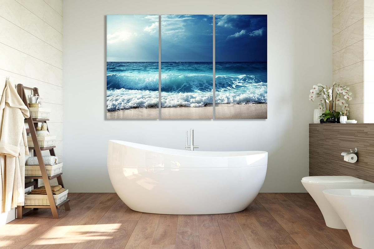 Nature Wall Art Prints - Ocean Forest Mountain Lake Canvas Landscapes - Small to Extra Large Living Room Bedroom Kitchen Bathroom Décor (Summer Ocean Beach, 31L" x 47W" - 3 Panels)