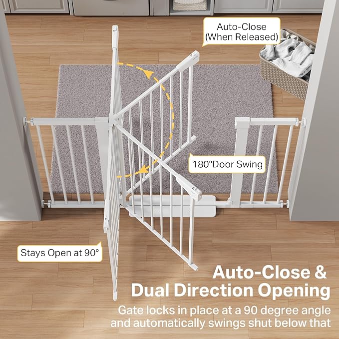 Cumbor 29.7"–51.5" Extra Wide Baby Gate for Stairs, Pressure-Mounted Dog Gates for Doorways & Hallways, Auto-Close Walk-Through, No-Trip Design, Child Proof Safety, Dog/Pet Gate for Indoor Use, White