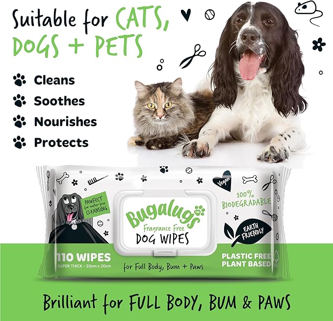 Dog Wipes, 100% Plastic Free Biodegradable pet Wipes for Full Body, Eye Wipes, Ear Wipes, Bum & Paws. 110 Sensitive Dog Grooming Wipes for Dogs, Puppy & cat Grooming (Fragrance Free)