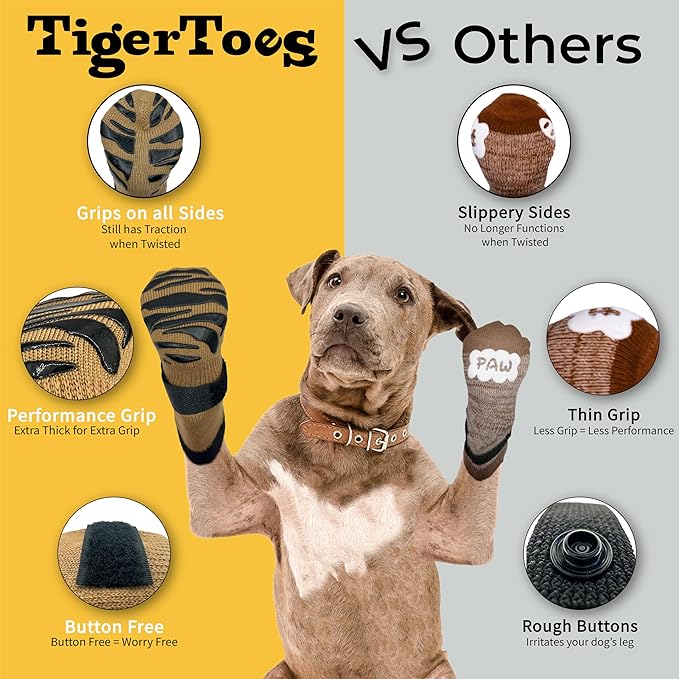 DOK TigerToes Premium Non-Slip Dog Socks for Hardwood Floors - Extra-Thick Grip That Works Even When Twisted - Prevents Licking, Slipping, and Great for Dog Paw Protection (Cool Caramel, X-Small)