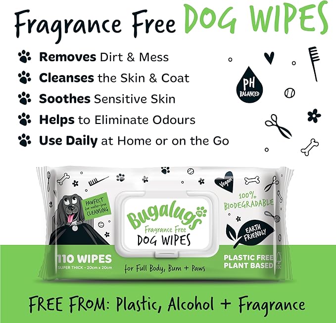 Dog Wipes, 100% Plastic Free Biodegradable pet Wipes for Full Body, Eye Wipes, Ear Wipes, Bum & Paws. 110 Sensitive Dog Grooming Wipes for Dogs, Puppy & cat Grooming (Fragrance Free)