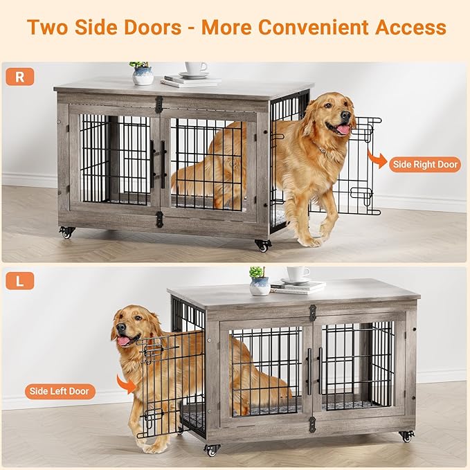 Lulive Dog Crate Furniture Set of 2, Dog Kennel Indoor Double Doors Wooden Dog Cage, 38'' Heavy Duty Dog Crate with Cushion & Wheels, End Table Pet House Chew-Resistant Up to 70 lb, Grey
