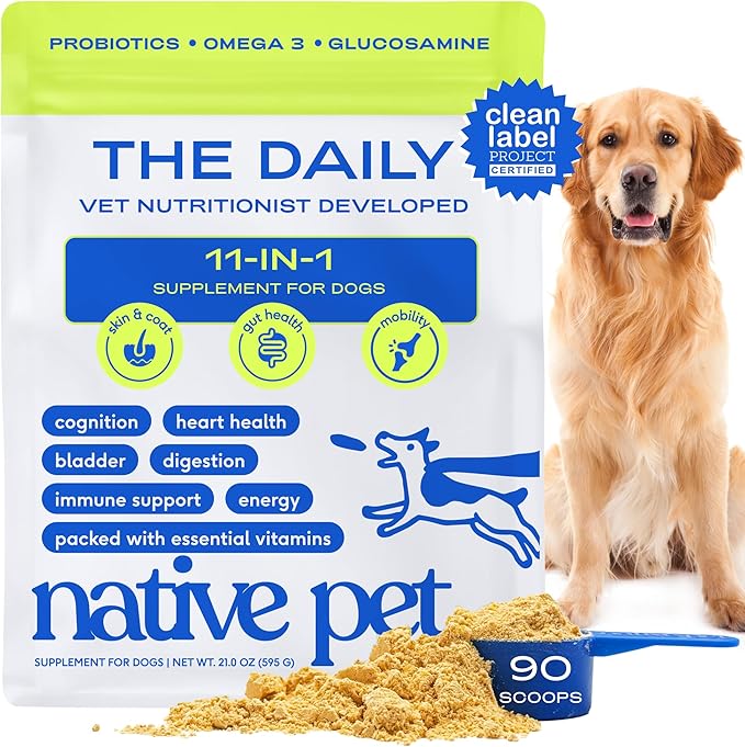 Native Pet Dog Vitamins & Supplements - 11-in-1 Multivitamin Powder for Dogs Food Topper - Collagen, Glucosamine, Probiotics, Omega & More- Supports Healthy Gut, Mobility & Overall Health -90 Scoops