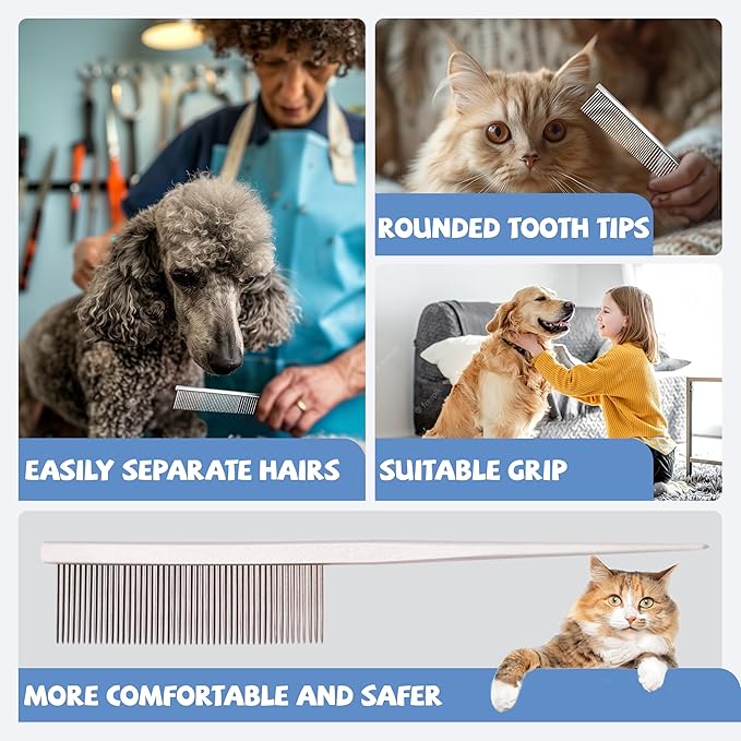 Grooming Pet Comb Rat Tail Dematting Cat and Dog Comb，Rounded Ends Design for Safe Tangle Removal, Hairstyling, Massage，Loose Hair Removal，Prevent Irritation，Fluffing Paws,Face,Tail,Remove Tear Stain