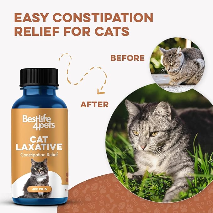 Cat Laxative Constipation Relief, Natural Cat Stool Softener Remedy for Irregular Bowel Movements Without Feline Diarrhea, Supports Feline Digestion & Gas Pain Relief, 400 Odorless, Tasteless Pills
