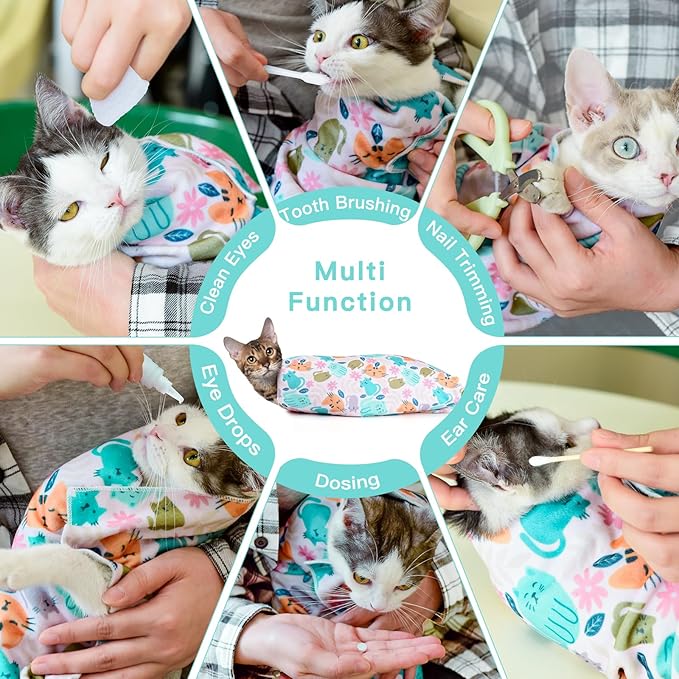 27.6" Cat Grooming Wrap, Cat Wrap for Cutting Nails, Self-Adherent Fabric Wrap for Cats, Cat Burrito Wrap Anti-Scratch, Anti-Escape, Multifunctional Swaddle Wrap Pet Tool (Green Kitten, X Large)