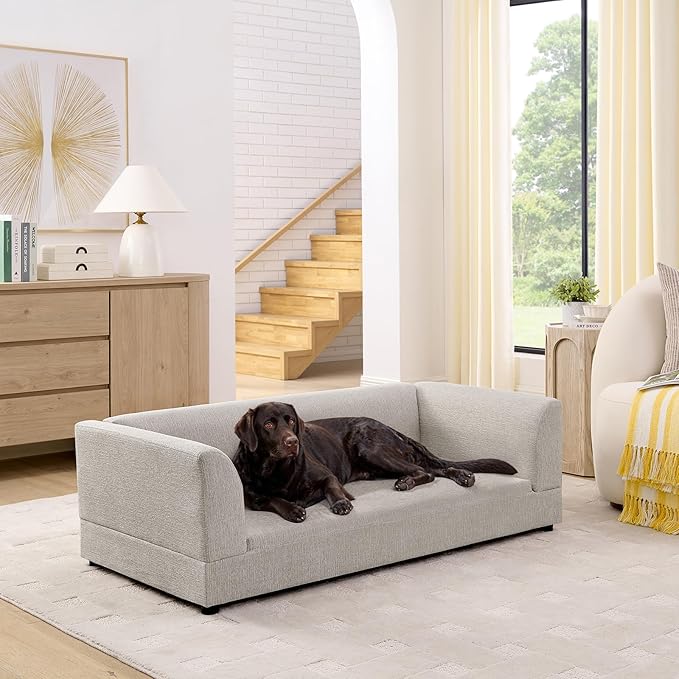 Oversized Dog Sofa Couch for Medium & Large Dogs, Modern Pet Couch Bed with Backrest & Armrests, Supportive Foam Cushion, Linen Fabric Dog Couch