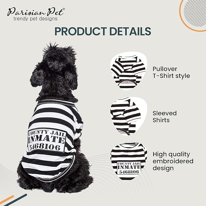 Parisian Pet Dog Shirt - Prisoner Dog Costume - 100% Cotton Black and White Stripes - Lightweight Polyester - Sleeved - 3XL
