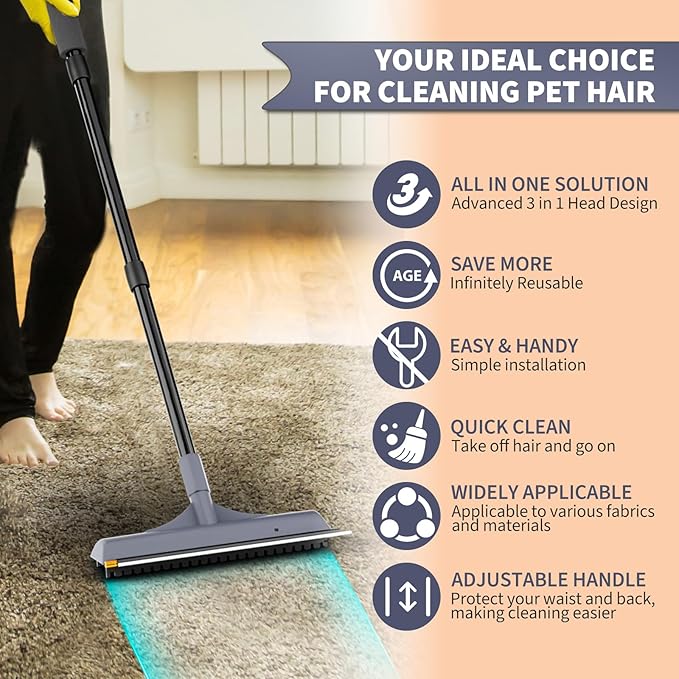 3 in 1 Carpet rake Kit for Pet Hair Removal Tool - Reusable Pet Hair Remover Broom w 58" Adjustable Long Handle, Dog & Cat Carpet Scraper, Pet Hair Remover for Rugs, Mats, Couch, Curtains(Gray)
