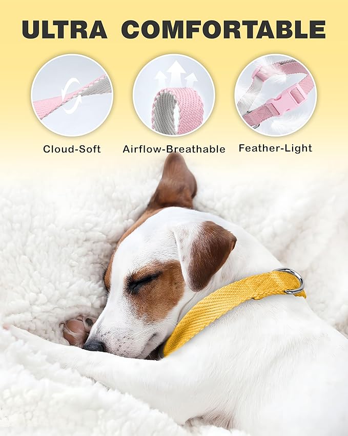 Dynmeow Soft and Breathable Cotton Dog Collar, Durable Adjustable Heavy-Duty Pet Collar with Quick-Release Buckle, Lightweight for Sensitive Skin for Medium and Large Dogs, Yellow, M