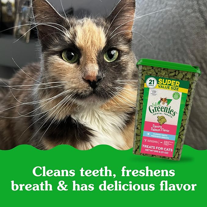 Greenies Feline Adult Dental Cat Treats, Savory Salmon Flavor, 21 oz. Tub