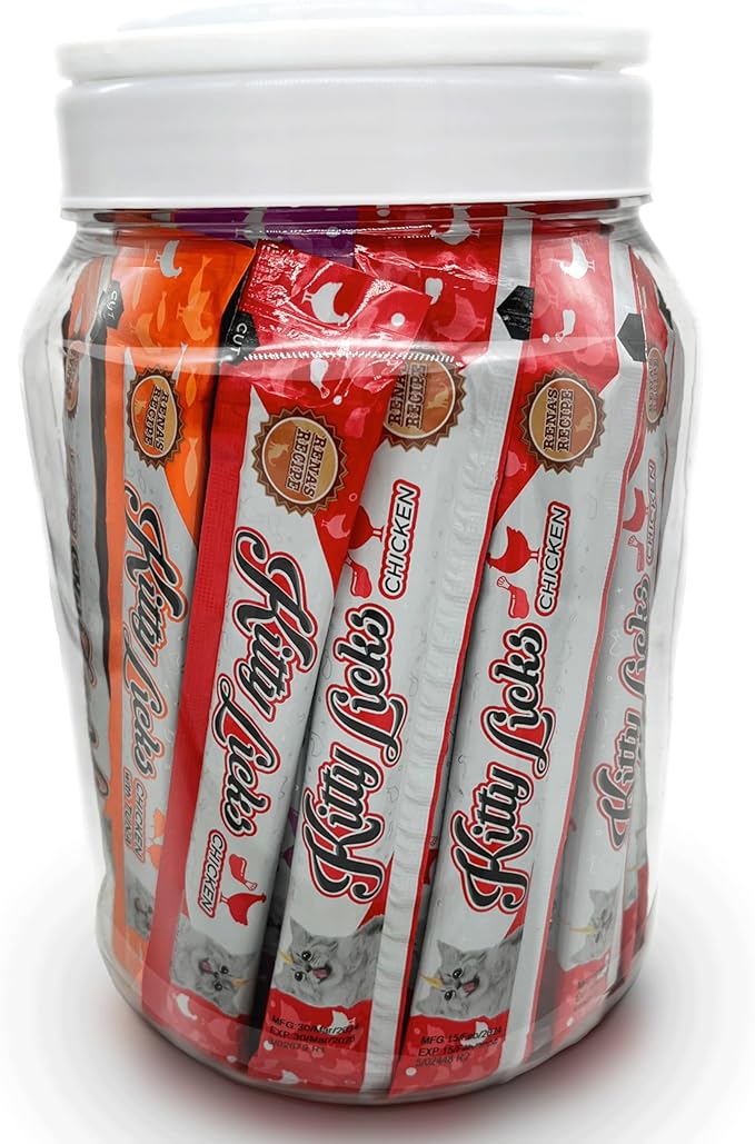 Rena's Recipe Kitty Licks Chicken Barrel (60 Tubes) 3 flavorsX 20 Tubes Cream Lickable Cat Treats 3 Different Flavors: Chicken, Chicken with Tuna, and Chicken with Liver