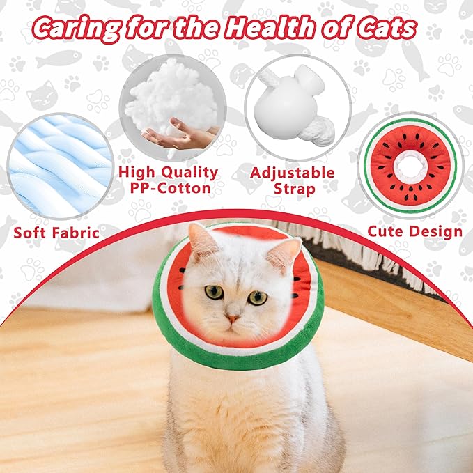 Soft Cat Cone Collar, Cute Cat Recovery Collar Suitable for Small, Medium, Large Cats,Elizabethan Neck Collar for Cats After Surgery (Watermelon, Medium)