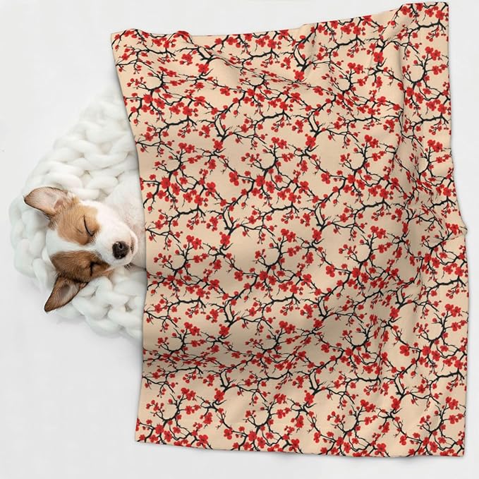 Double Sided Pet Throw for Dogs Who Shed, Blossom Japanese Cherry, Reversible Blanket with Nubby Dot Side Catches Loose Fur for Easier Furniture Cleanup