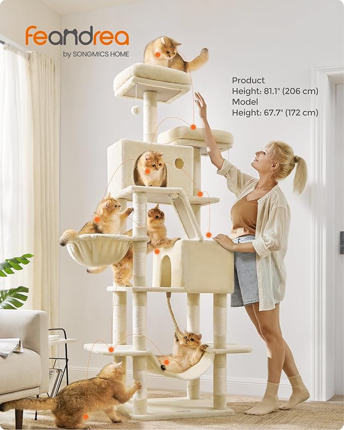 Feandrea Cat Tree, 81.1-Inch Large Cat Tower with 13 Scratching Posts, 2 Perches, 2 Caves, Basket, Hammock, Pompoms, Multi-Level Plush Cat Condo for Indoor Cats, Beige UPCT190M01