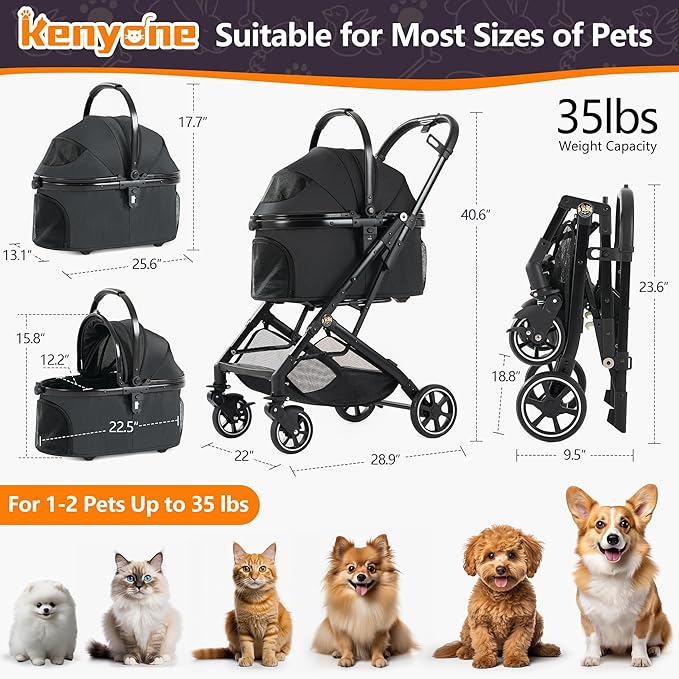Kenyone 3-in-1 Pet Stroller for Small Medium Dogs Puppy Cat Stroller with Detachable Carrier & Pad Lightweight Foldable Aluminum Alloy Frame Dual No-Zip Entry(Black)