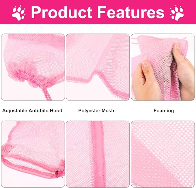 Patelai 5 Pcs Cat Bathing Bag Set Cat Grooming Bag Adjustable Pet Shower Net Muzzles Nail Clipper Tick Remover Tool Massage Brush(Pink)